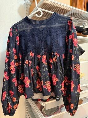 Anthropologie Navy Floral Crochet Yoke Blouse - Navy with Pink/Orange Flowers